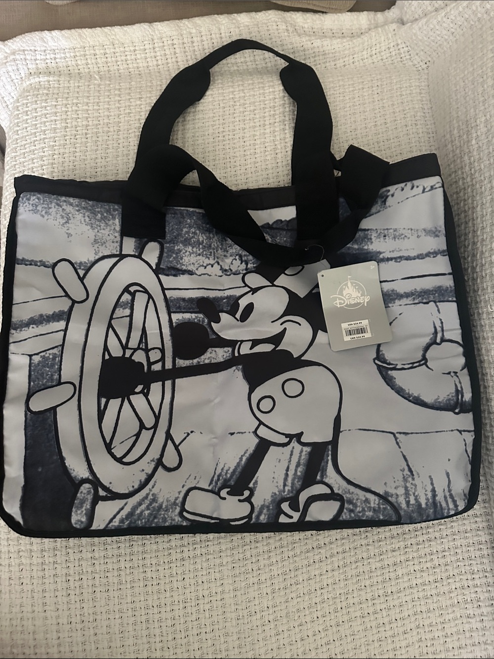 NWT Disney Black and White Steamboat Mickey Canvas Tote Bag